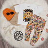 kids white good vibes t-shirt with 70s style leggings and knitted beanie hat