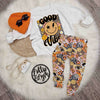 kids outfit inspiration by lottie and lysh featuring 70s style leggings, printed good vibes sweatshirt and orange hat