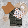 boys flatlay outfit featuring Lottie & Lysh smiley sweatshirt and top paired with green cord korean style trousers