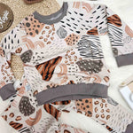 handmade lounge wear for children featuring leopard print and tiger stripes