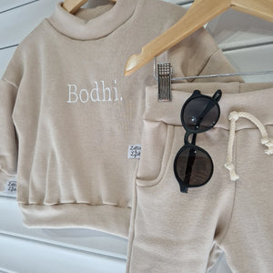 close up of the lottie and lysh stone sweat personalised tracksuit set in ages 0-10 years