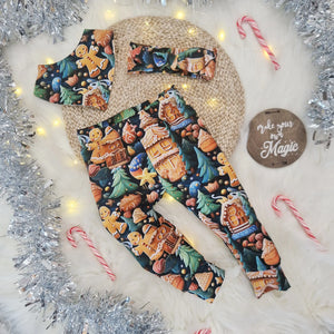baby and toddler christmas leggings with gingerbread and christmas tree print