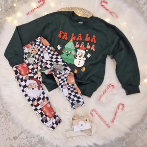 alternative christmas day outfit by Lottie & Lysh. Unisex checkboard hipster santa leggings with coordinating falalalala printed sweatshirt
