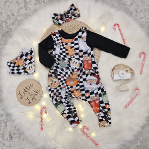 alternative baby christmas outfit by Lottie & Lys. Baby and toddler dungarees featuring skate vibes christmas print