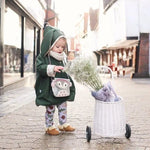 Toddler girls bunny jacket in green wool and floral. Handmade in the UK by Lottie & Lysh