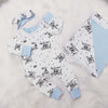 New baby gift set comprising a romper, blanket and headband made with Lottie & lysh's Welcome to the world fabric which is white with black writing. The gift is accented with baby blue