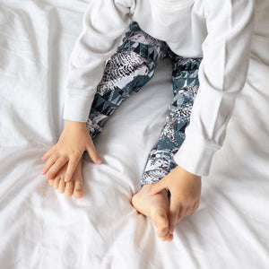 shades of blue, snow owls and mountain printed baby leggings