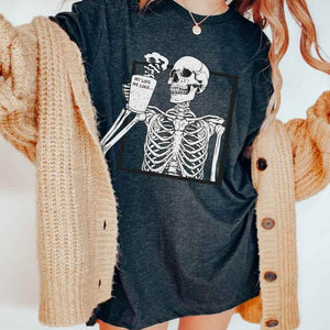 Women's Skeleton Skull printed T-shirt drinking coffee with 'My Life be Like' slogan