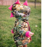 dinosaur coat with pink hood spikes