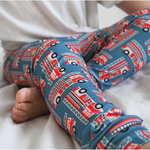 boys printed leggings by Lottie & Lysh. Blue background with red fire truck detail.