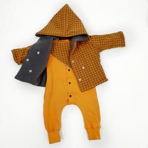 Mustard baby and child romper and mustard grid charlie jacket by lottie and lysh