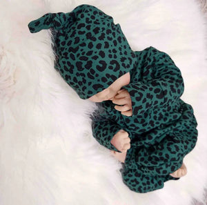 green leopard print babygrow with matching hat