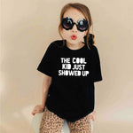 The cool kid just showed up kids black printed t-shirt