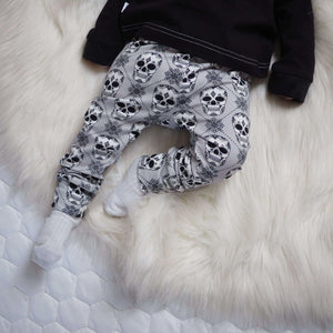 alternative baby clothing. Grey skull leggings for babies and children by Lottie & Lysh