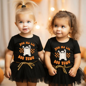 You Ma little Boo ting kids halloween tshirt in black