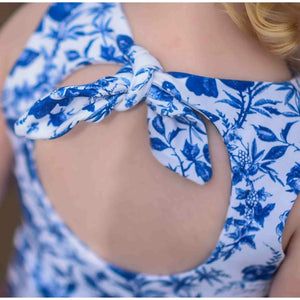 back detail of the lottie and lysh bow pack playsuit in English blue