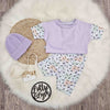 Kid's 90s style crop top and shorts set. Confetti print and lilac.
