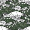 Organic jersey fabric featuring hawk-bill turtles swimming against a green background